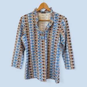 Wmns J. McLaughlin Brown/Blue Geo Pattern 3/4 Sleeve Ruffle Neckline M Blouse